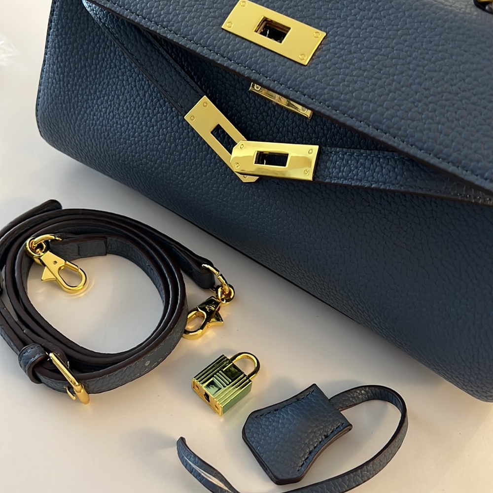 LEATHER blue gray handbag shoulder strap  Crossbody Shoulder Handbag 12”x6”x3” - Picture 6 of 7